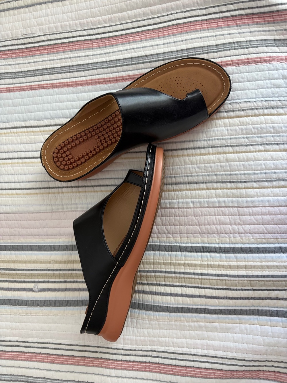 Black Slip-On Women's Sandals with Tan Sole